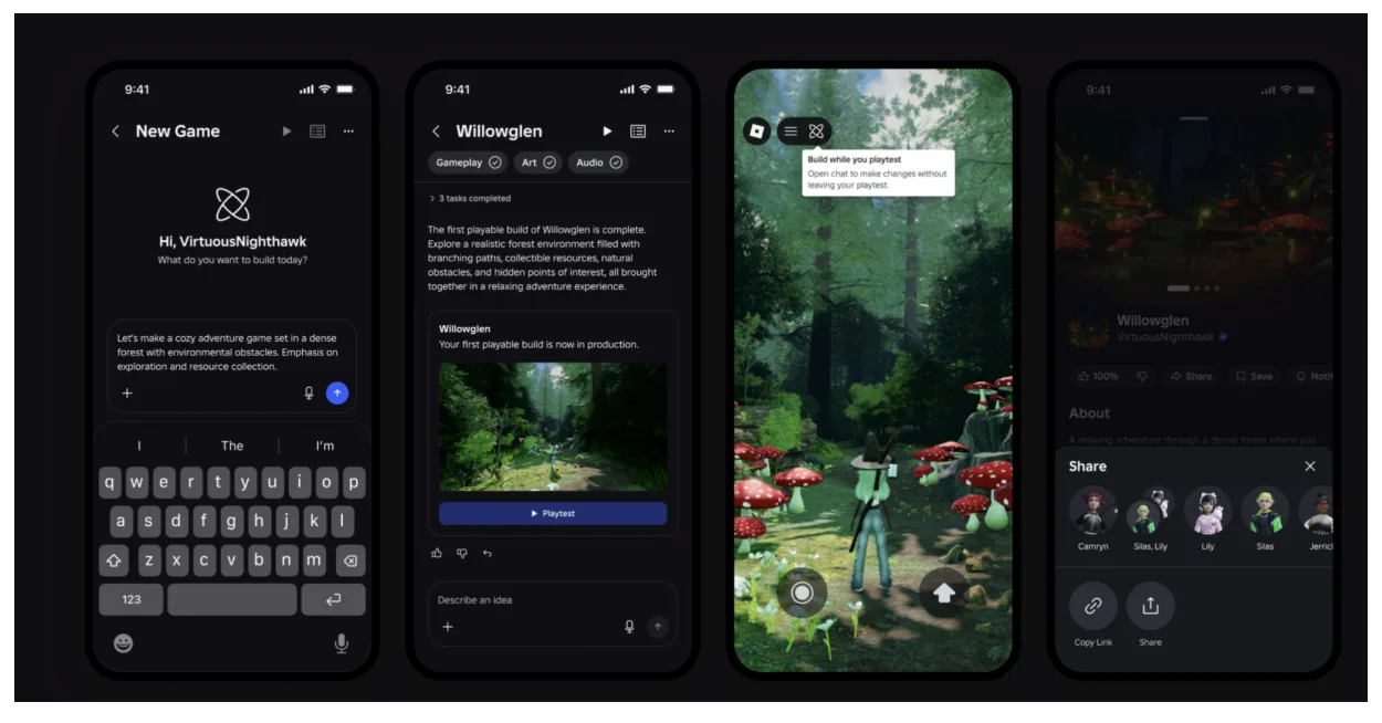 Tangkapan layar fitur Build di platform Roblox, menunjukkan perintah teks dari pengguna yang sedang diproses AI menjadi lingkungan gim 3D berwujud hutan.